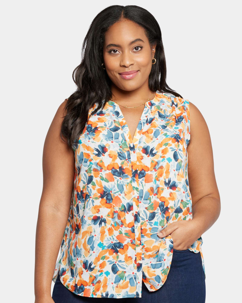 Front of a model wearing a size 1X Sleeveless Pintuck Blouse in Cottage Pond by NYDJ. | dia_product_style_image_id:285270